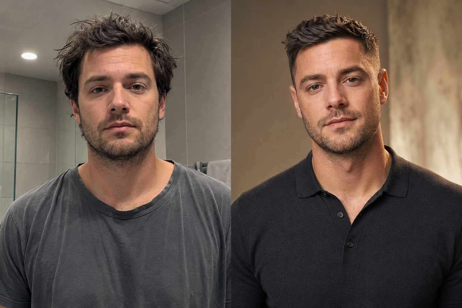 Fictional example of a realistic grooming and style transformation